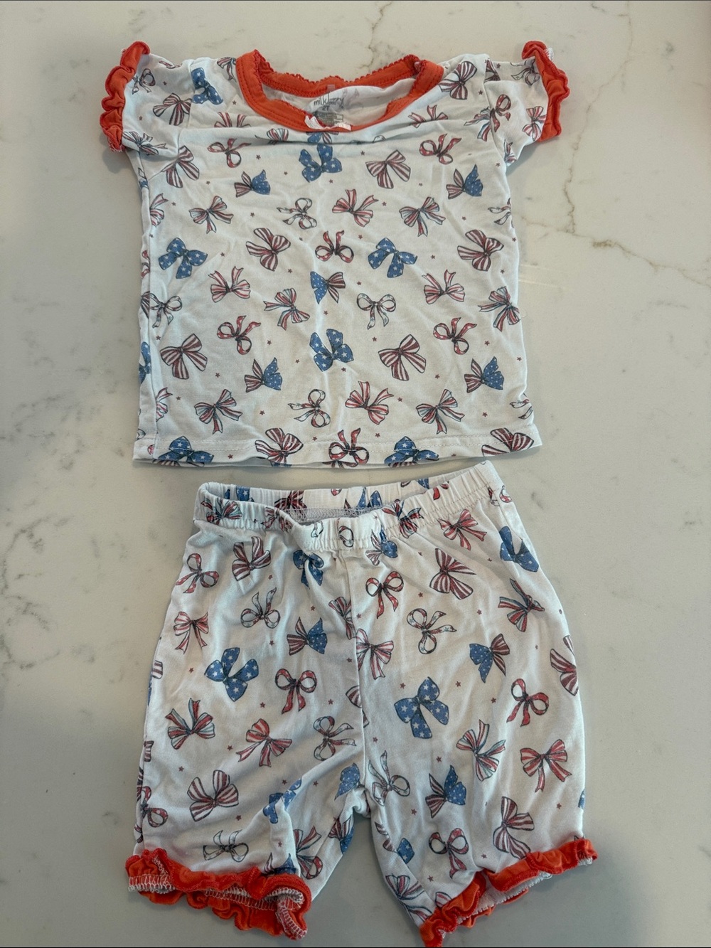 Girls' White Bow-Print Pajama Set with Red Trim